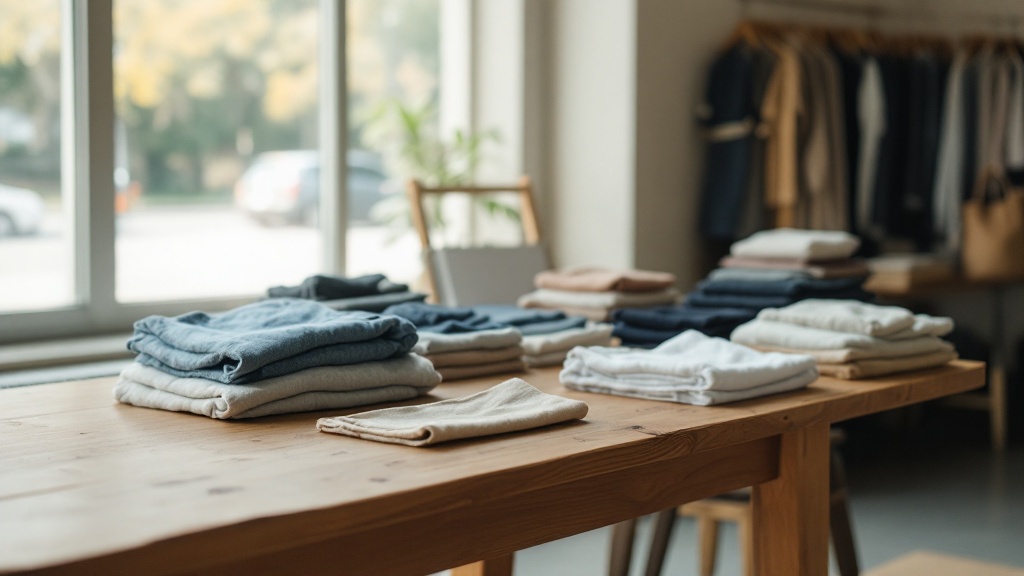 Neatly folded secondhand clothing on a wooden table in a sunlit Japanese boutique