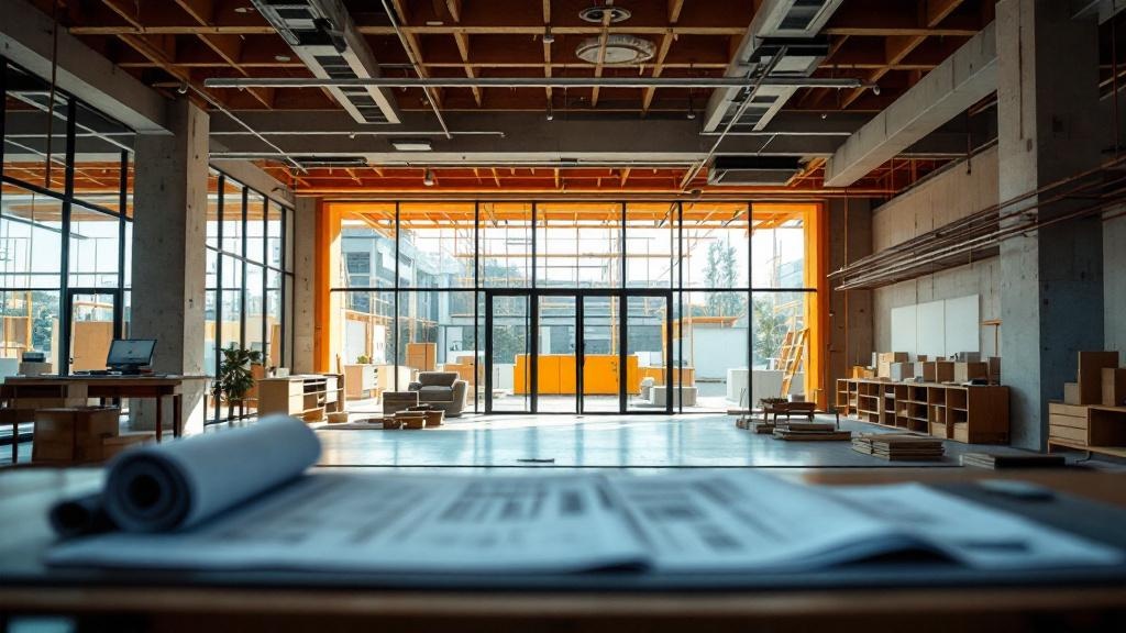 Modern retail store interior under construction in Japan with architectural blueprints on a workbench