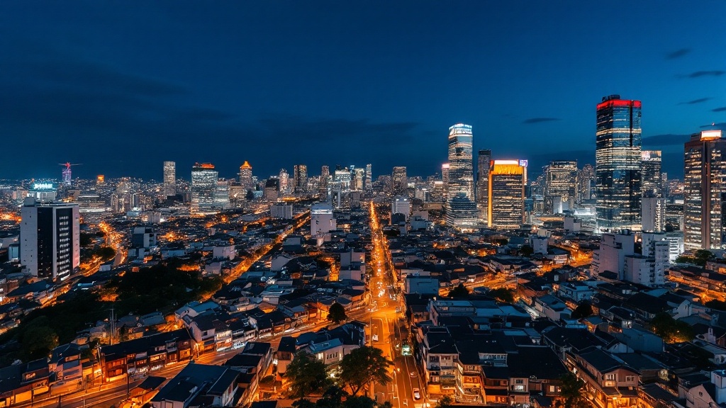 Aerial view of a Tokyo district showing traditional low-rise buildings transitioning into modern redevelopment towers at twilight
