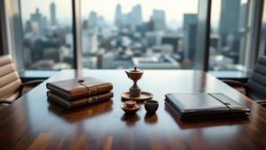 Leather portfolios and Japanese tea set on a walnut conference table in a Tokyo high-rise office at golden hour