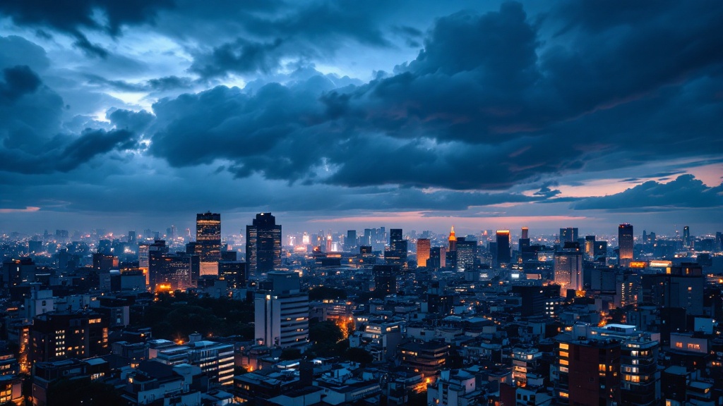 Aerial view of Tokyo skyline at blue hour with warning lights and dramatic clouds