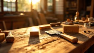 Traditional Japanese woodworking tools and timber joints on a restoration workbench bathed in golden light through shoji screens