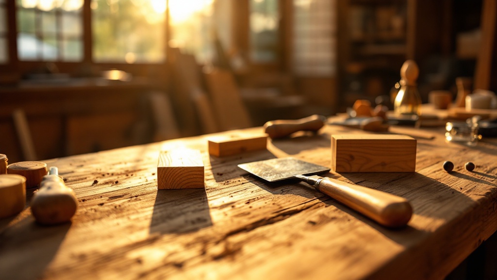 Traditional Japanese woodworking tools and timber joints on a restoration workbench bathed in golden light through shoji screens
