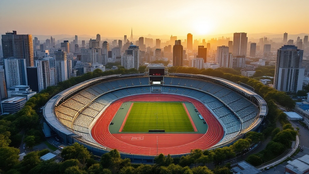 Aerial view of a large athletics stadium in Tokyo bathed in golden hour light with the city skyline beyond