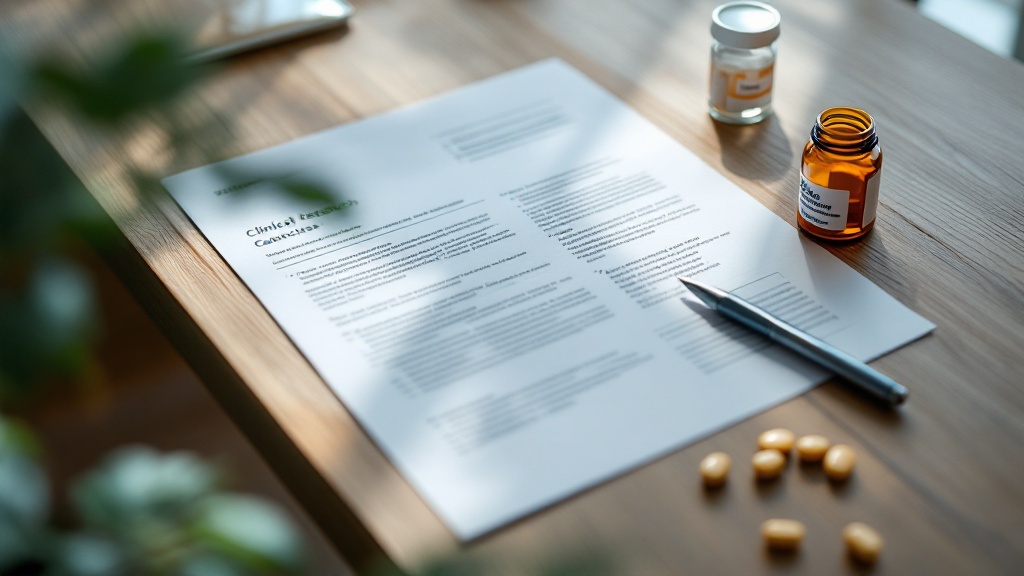 Clinical research documents on a Japanese wooden desk with soft morning light