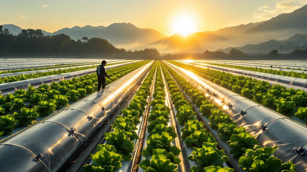 Aerial golden-hour view of a modern Japanese greenhouse with hydroponic rows and a silhouetted worker inspecting sensors