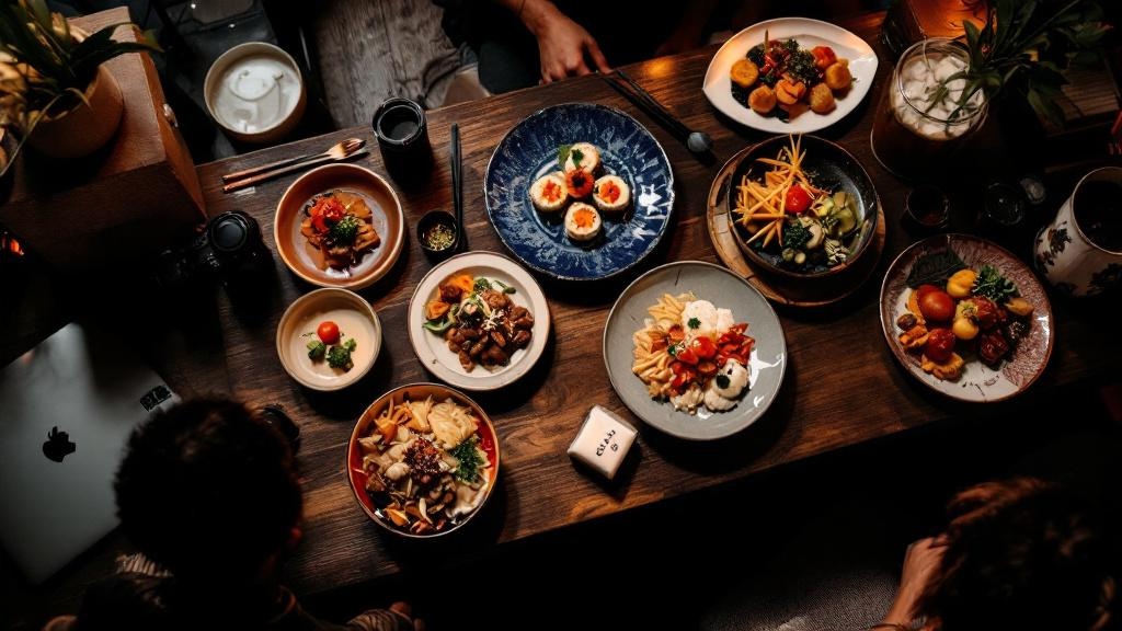 Overhead view of plated Japanese dishes alongside a camera and laptop on an izakaya counter