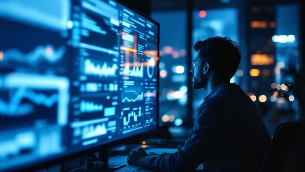 Silhouette of a marketer reviewing blurred analytics display in a dimly lit Tokyo office at night