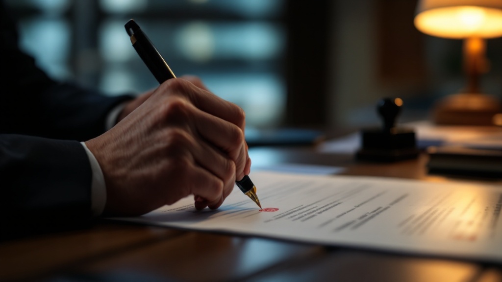 Hands reviewing Japanese corporate registration documents with a traditional company seal on a walnut desk