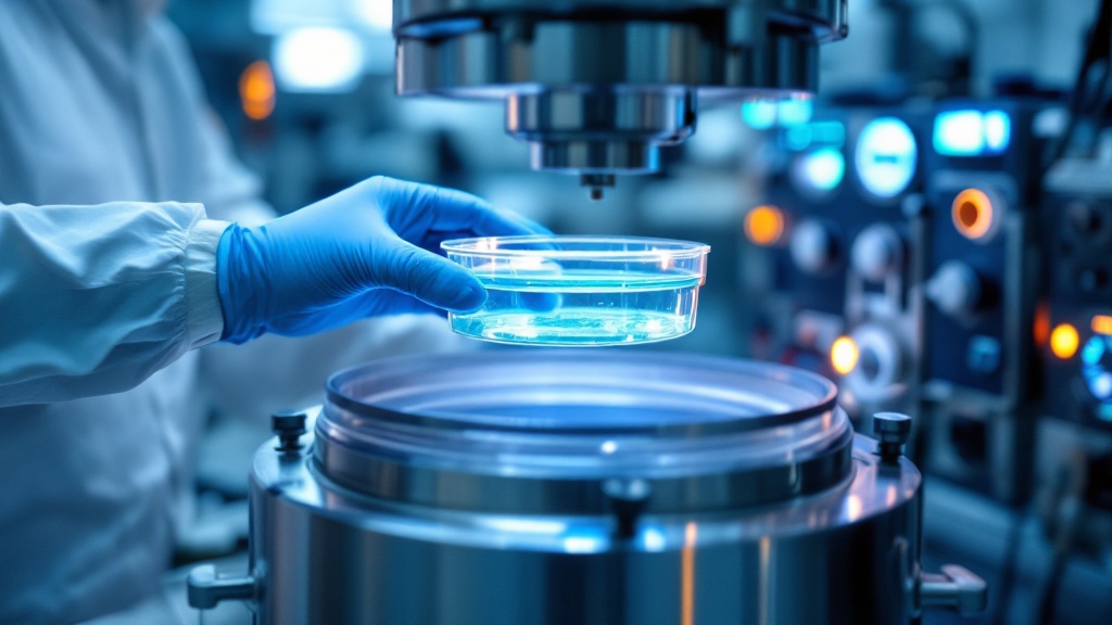 Gloved hands placing a culture dish into a bioreactor in a Japanese biotech laboratory