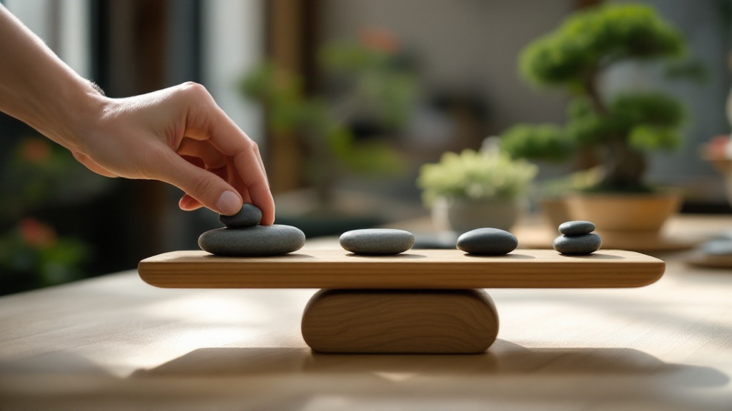 Hands placing weighted stones on a wooden balance board in a Japanese-style workspace
