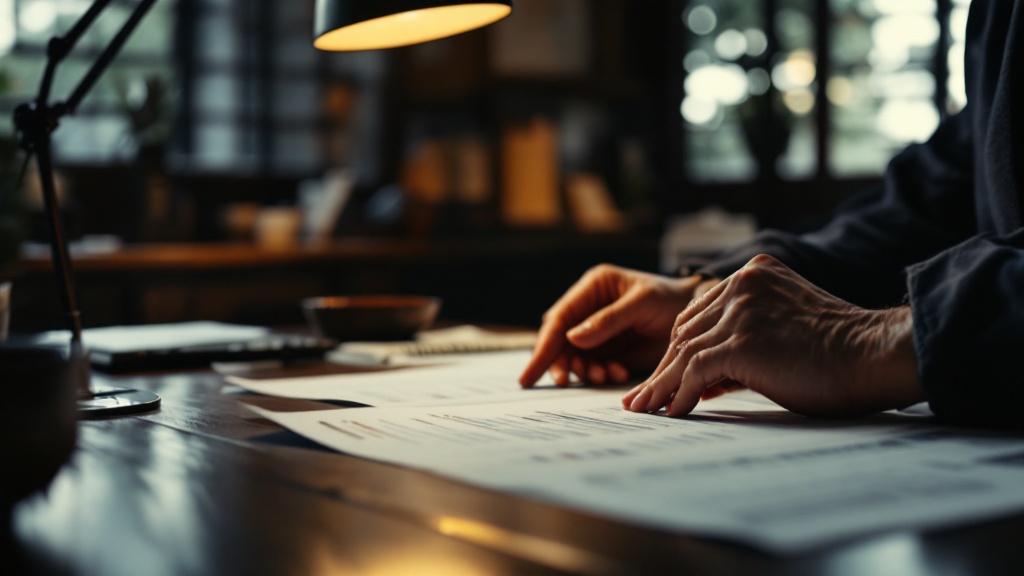 Hands arranging evaluation scorecard documents on a wooden desk with warm lamp lighting
