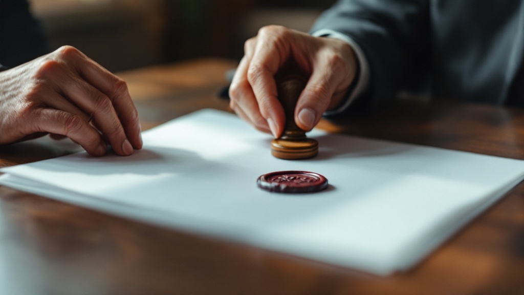 Hands pressing a hanko seal onto an approval document on a walnut desk