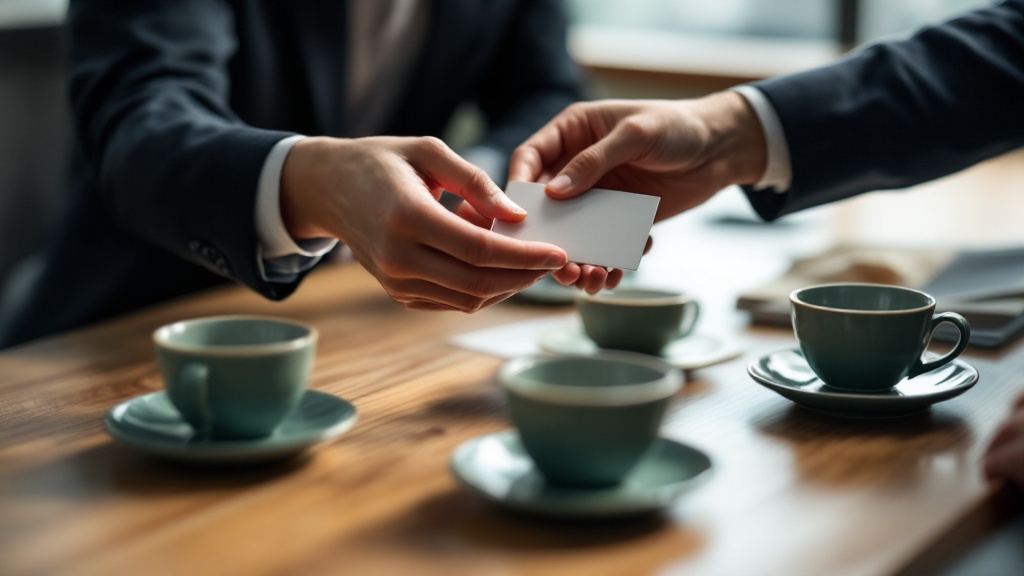 Close-up of hands exchanging business cards over a wooden table with green tea cups in a Japanese office setting