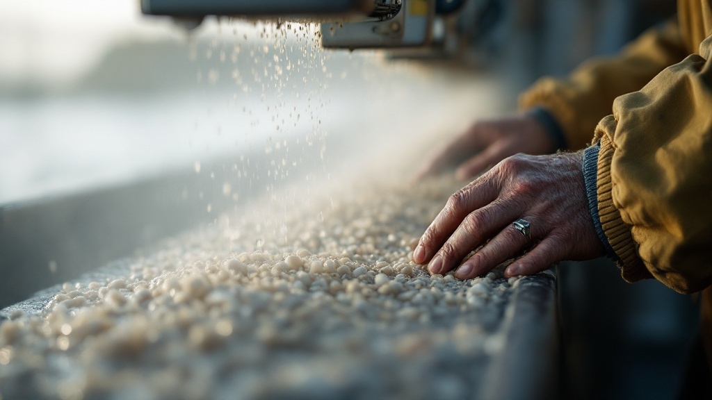 Close-up of hands operating a manual feed distribution system on a Japanese fish farm