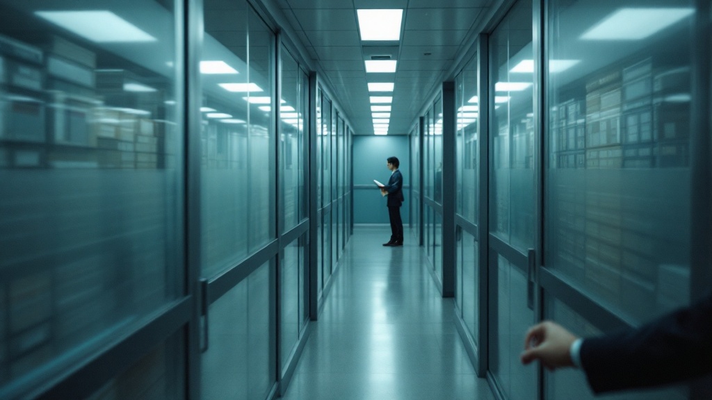 Hand reaching for a regulatory binder in a Japanese government office corridor with frosted glass partitions