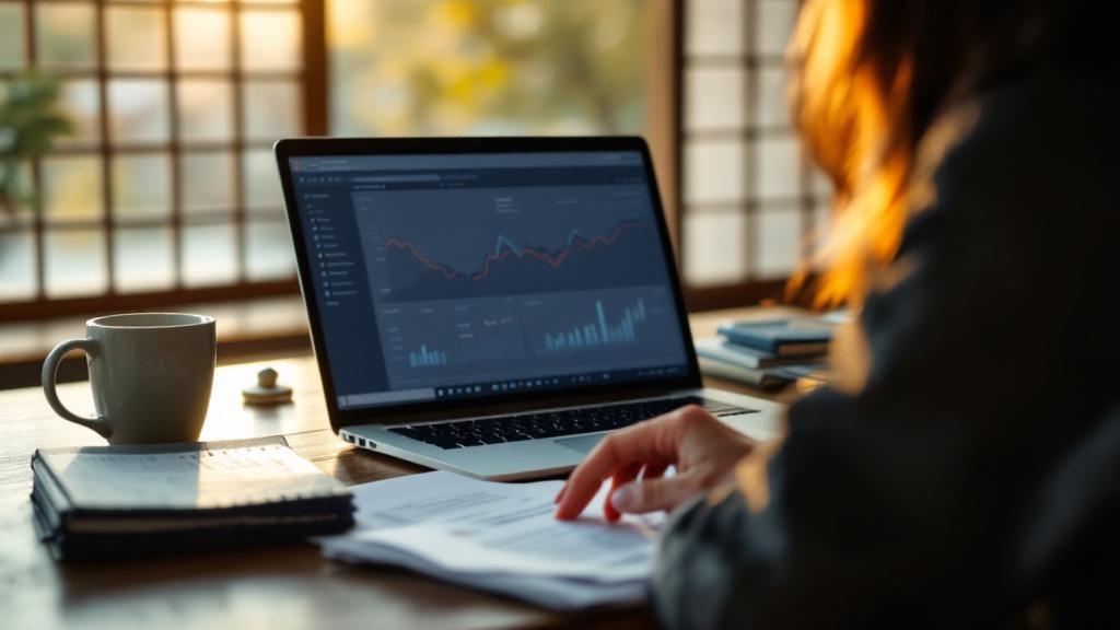Over-the-shoulder view of someone reviewing documents and a laptop at a traditional Japanese wooden desk with warm natural light