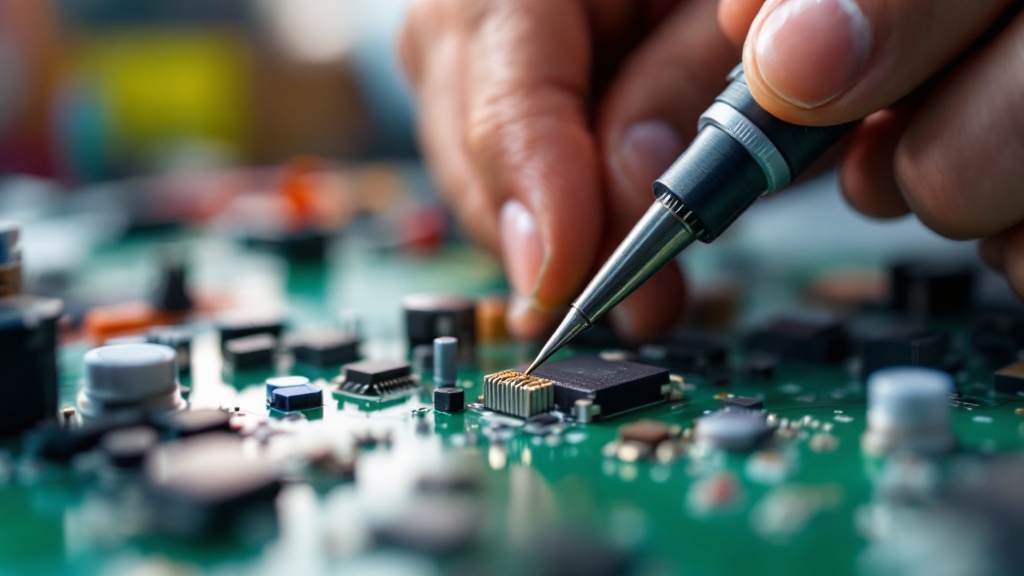 Hands working on IoT sensor circuit board in a Japanese electronics workshop