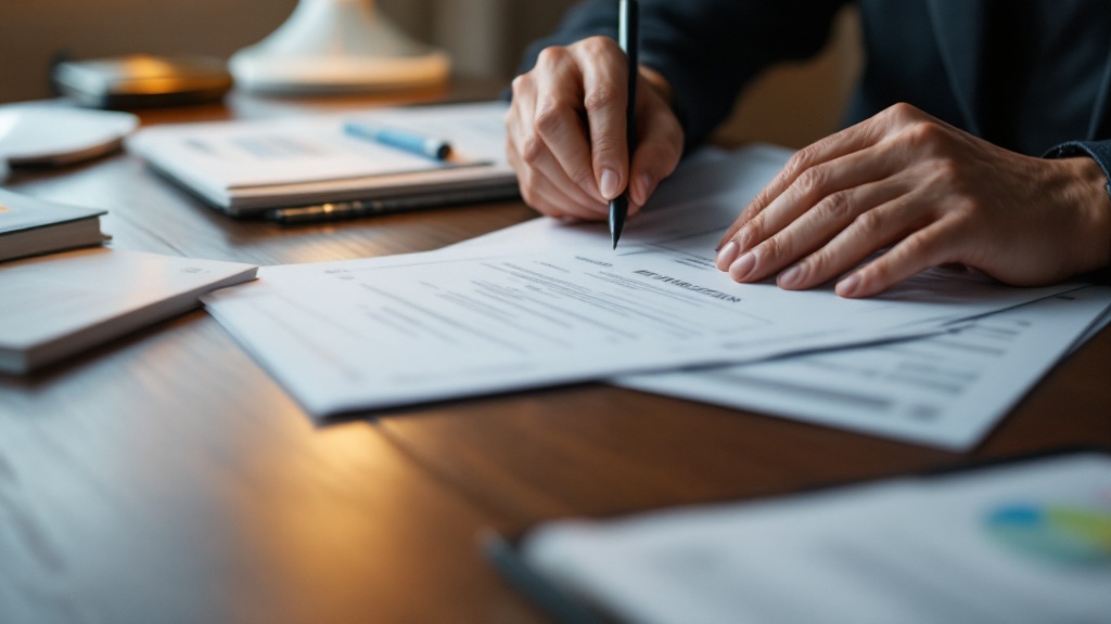 Close-up of hands organizing regulatory compliance documents on a walnut desk under warm lamp light