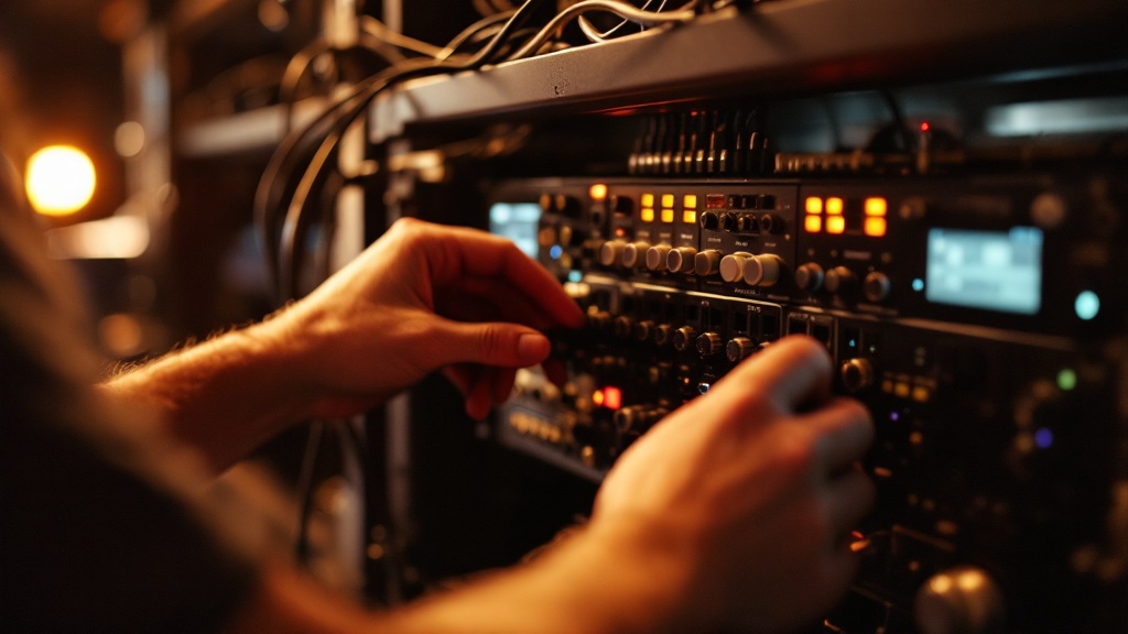 Technician's hands adjusting wireless microphone receivers in a backstage equipment rack