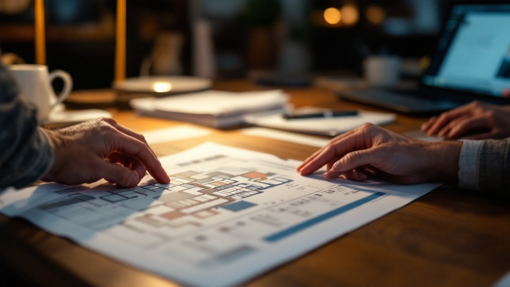 Hands arranging exhibition floor maps and planning documents on a wooden desk in a Tokyo office