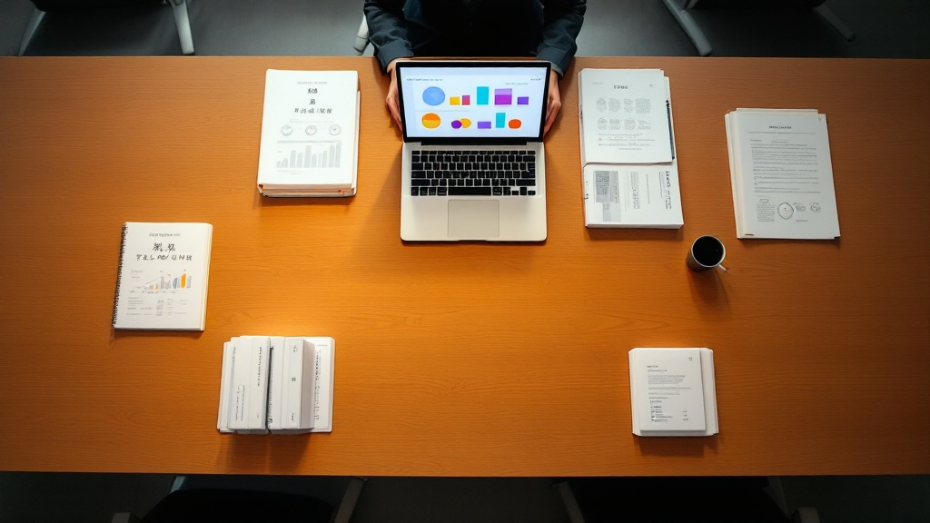 Overhead view of organized training materials and laptop with charts on a wooden Japanese conference table