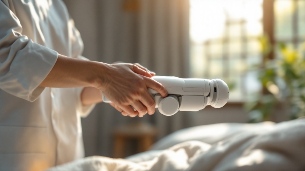 Caregiver's hands adjusting a rehabilitation robot device in a bright Japanese therapy room