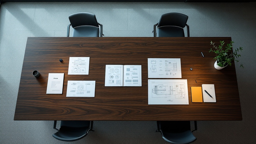 Overhead view of patent documents and bilingual notebooks spread across a dark conference table in a Tokyo office