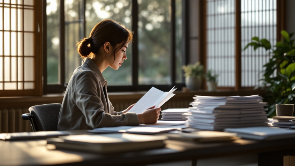 Over-shoulder view of a coordinator reviewing Japanese institutional grant documents at a desk with soft afternoon light