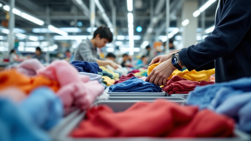Hands sorting donated garments into collection bins at a Japanese retail location