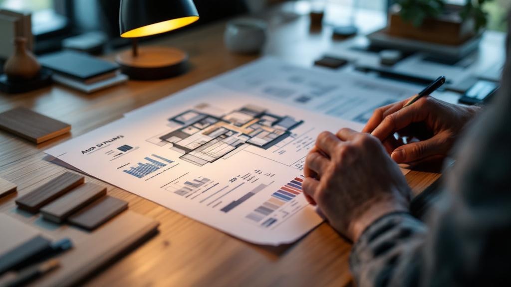 Hands reviewing architectural floor plans and material samples on a wooden desk under warm lamp light