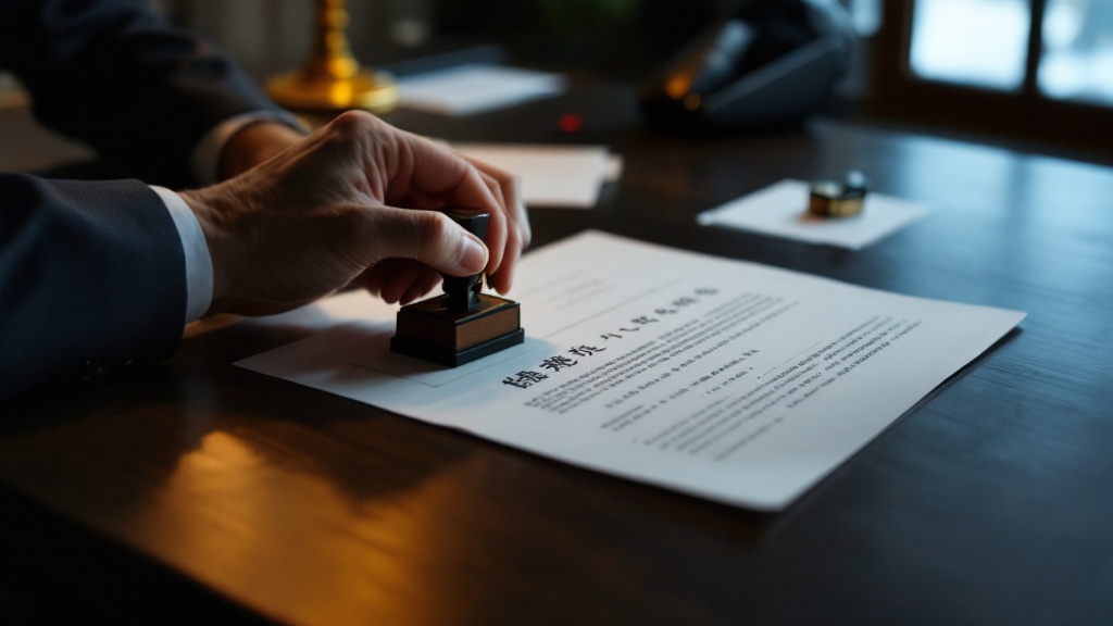 Close-up over-shoulder view of a hand pressing a hanko seal onto formal Japanese municipal documents on a wooden desk