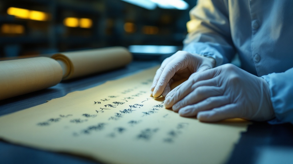 Conservator's gloved hands examining an aged Japanese scroll under specialized lighting in an archive room