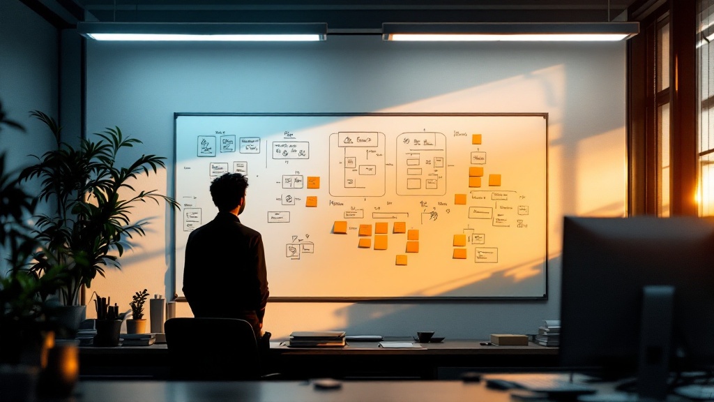 Silhouette of a person reviewing organizational planning materials on a whiteboard in a Japanese office at golden hour