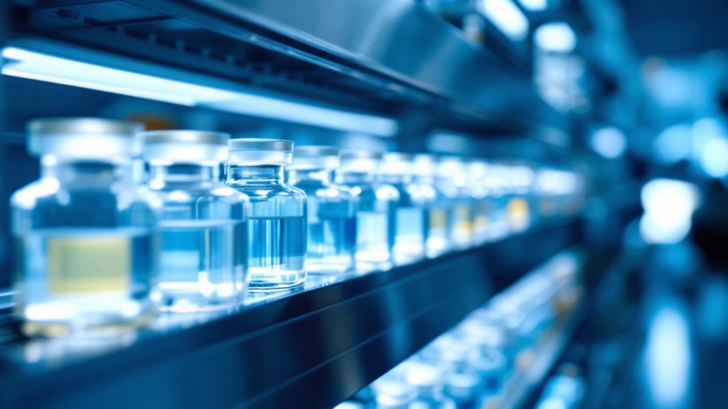 Illuminated pharmaceutical vials in a sterile Japanese laboratory with blue-white lighting