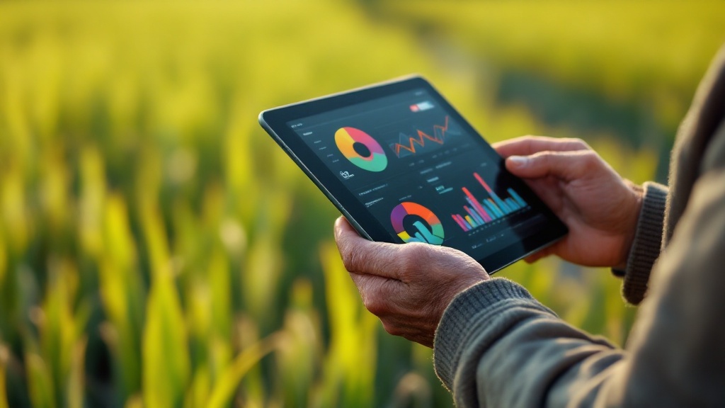 Close-up of a Japanese farmer's hands holding a tablet with abstract data visuals, blurred rice paddies in the background