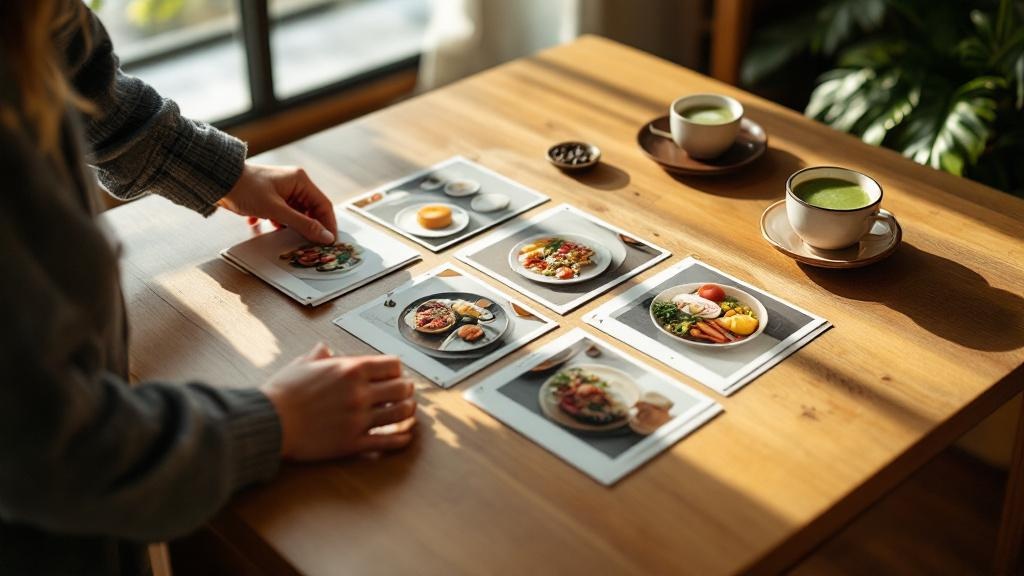 Hands arranging food photography prints on a wooden desk in a bright Tokyo office