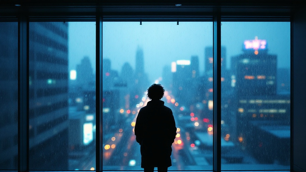 Silhouette of a person looking out a Tokyo office window at the rain-streaked cityscape below