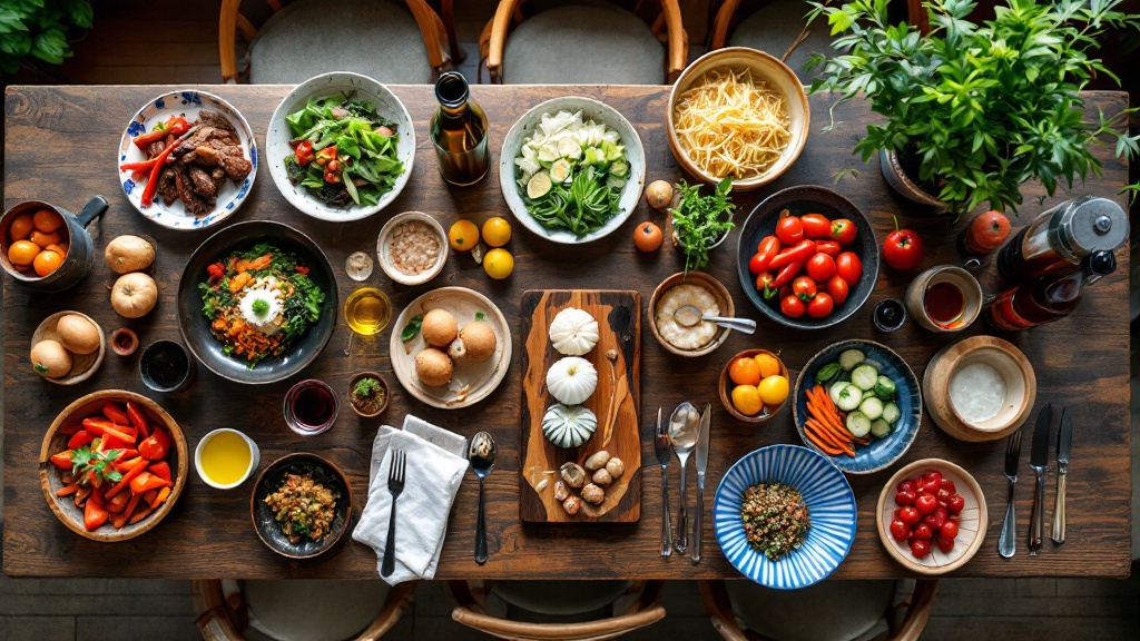 Overhead view of regional Japanese farm-to-table dishes on a rustic wooden table in a countryside restaurant