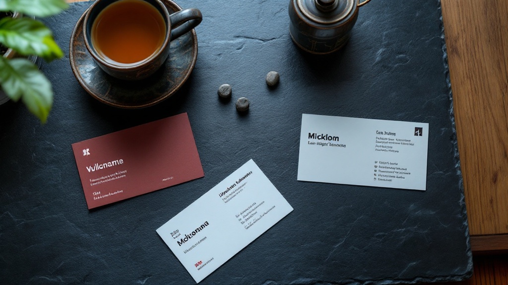 Three business cards from different companies arranged on slate beside a ceramic tea cup in a Japanese meeting room
