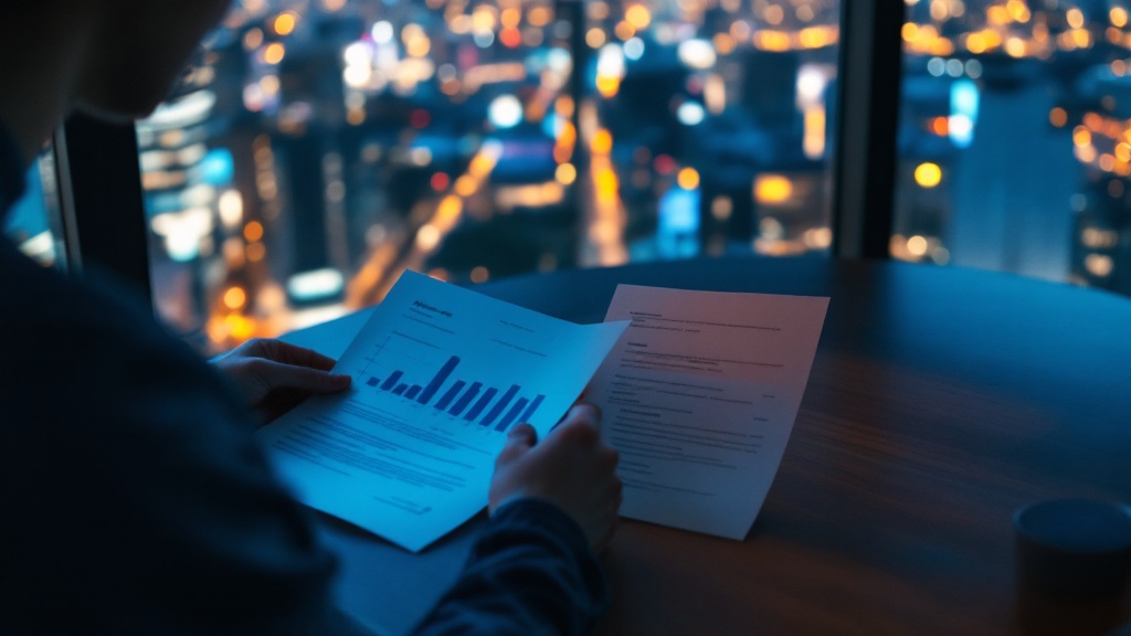 Over-the-shoulder view of someone reviewing documents at a desk with Tokyo skyline in background