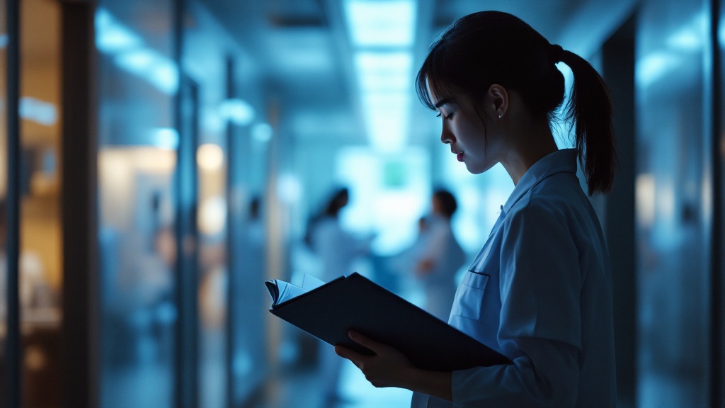 Silhouette reviewing bilingual documents in a modern Tokyo clinic hallway