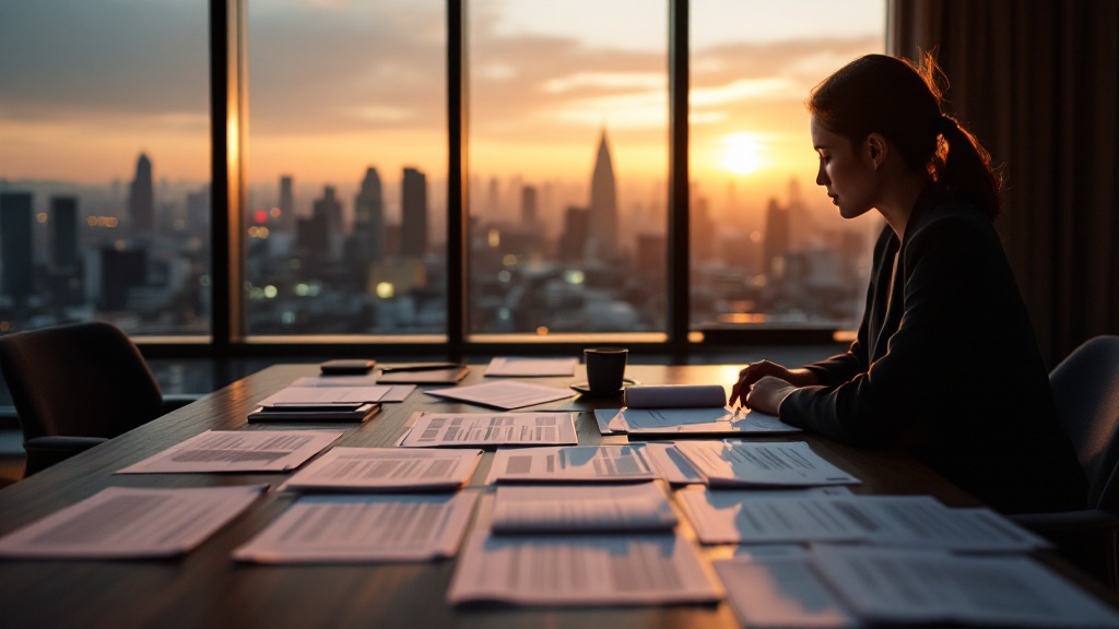 Silhouette of a person reviewing evaluation documents at a desk overlooking the Tokyo skyline at golden hour