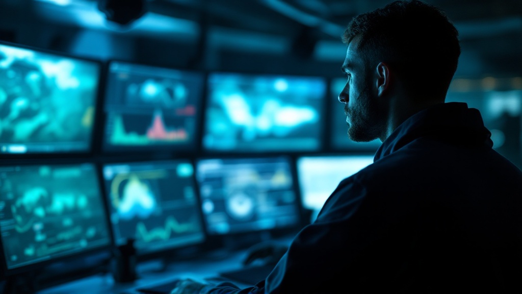 Silhouette of a technician viewing monitoring screens in an aquaculture control room
