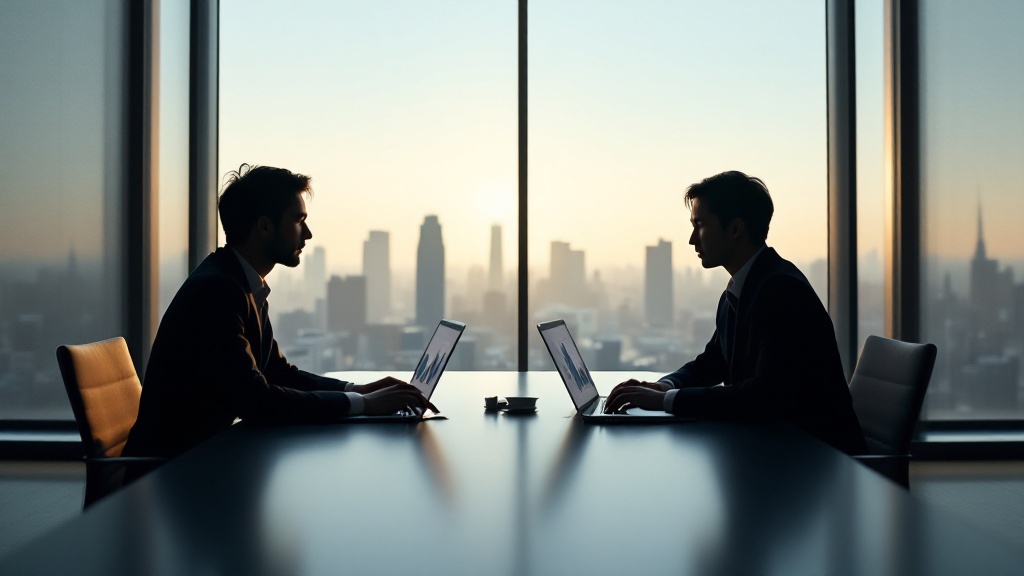 Over-the-shoulder silhouette of two professionals at a minimalist conference table with Tokyo skyline visible through large windows