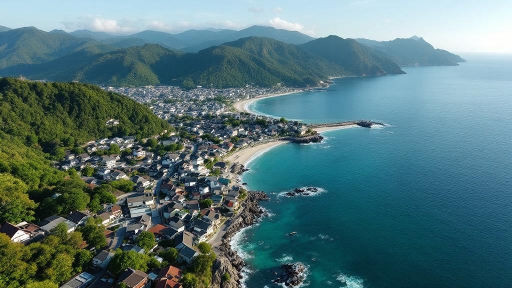 Aerial view of a small Japanese coastal village between forested mountains and turquoise ocean
