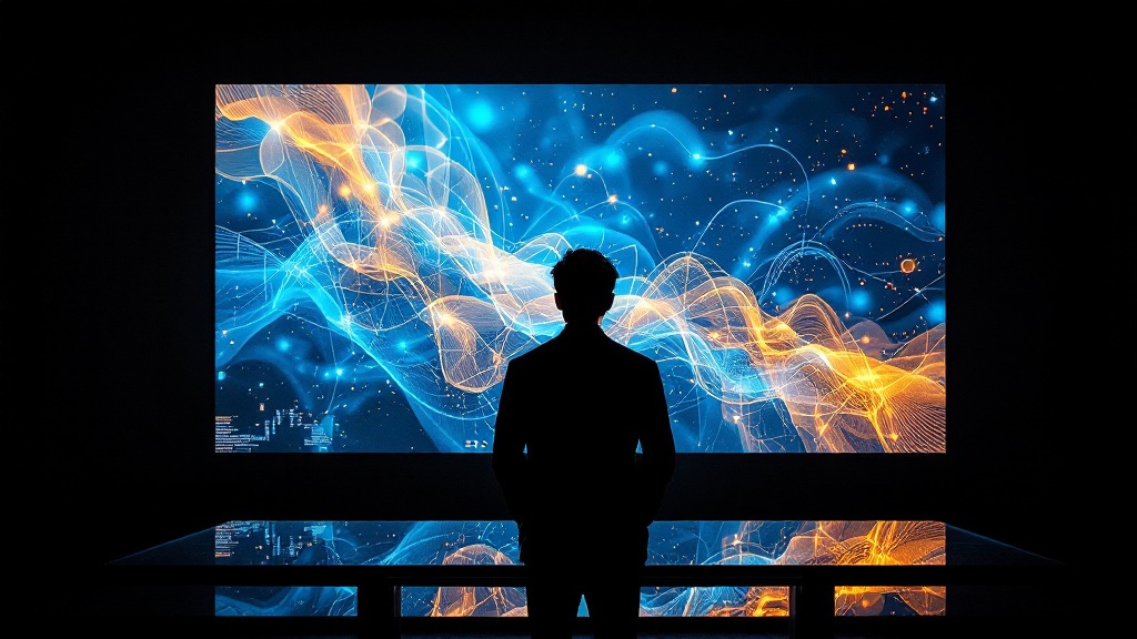 Silhouette reviewing abstract data visualizations on a large display in a Tokyo office