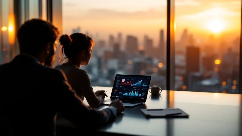 Silhouettes of two professionals at a Tokyo high-rise conference table during golden hour with city skyline beyond