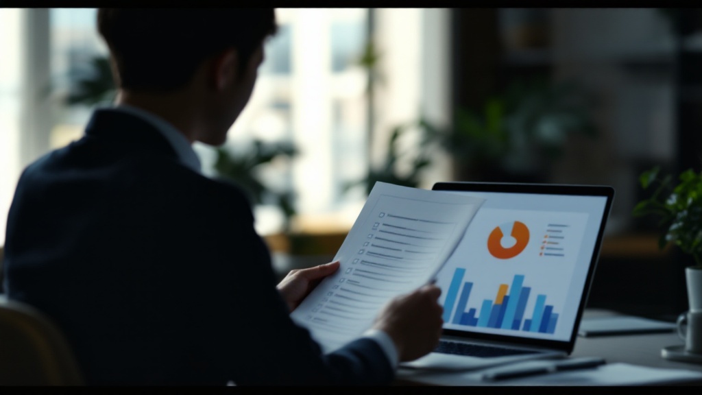 Over-the-shoulder silhouette of a professional reviewing an evaluation checklist in a Tokyo office