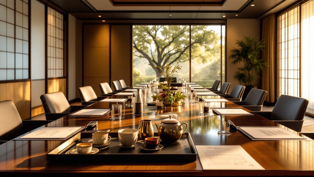 Formal Japanese meeting room with tea service and documents arranged on a polished table